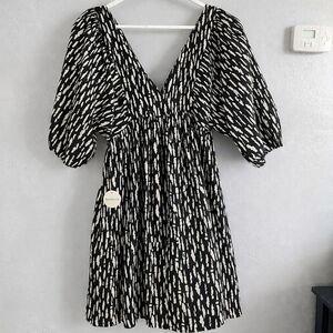 Böhme Milibon Black White Abstract Print Puff Sleeve Mini Dress Size S